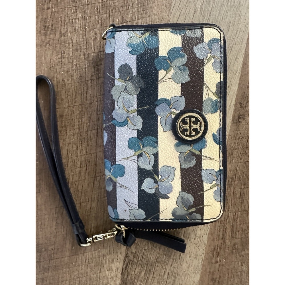 Tory Burch Wristlet Zip Around Wallet Iris Floral Striped Blue Primula 6" x 3.5"